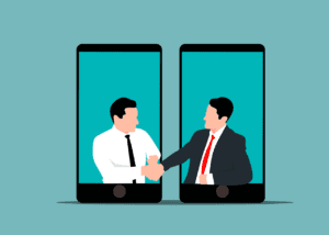 A virtual handshake symbolizing trust and collaboration in virtual healthcare, reflecting the importance of building patient-provider relationships in digital settings.