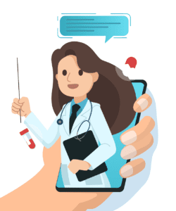 Illustration of a doctor on a phone screen, representing virtual healthcare consultations and the ethical considerations involved in remote medical interactions.