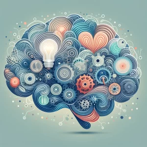 Abstract depiction of a brain with various elements like gears, hearts, and light bulbs symbolizing different aspects of mental health, in calming colors like blues and greens.